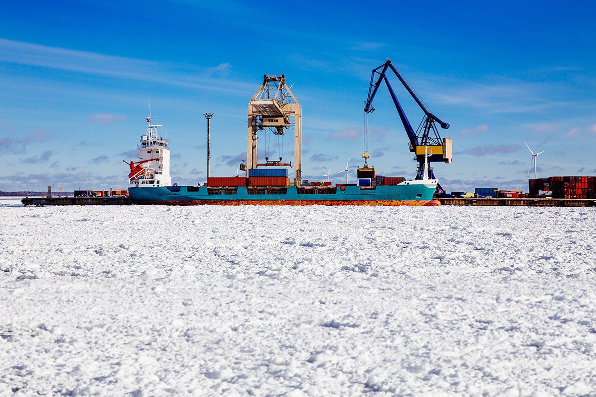 Industrial,Port,With,Containers,In,Snow,Winter,,Vessel,Loading,In